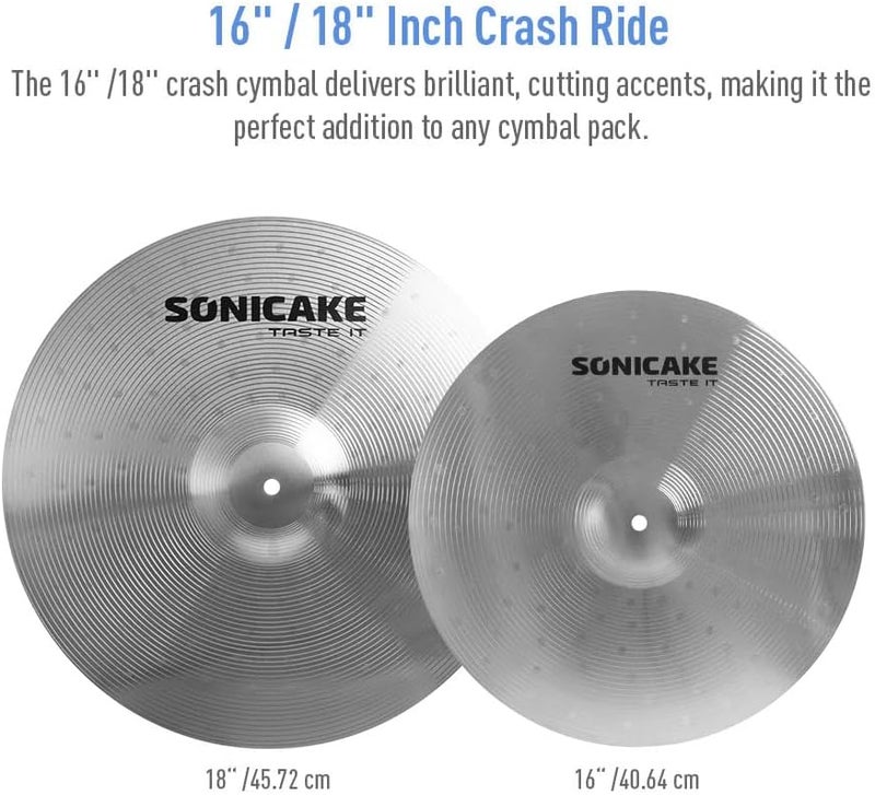SONICAKE Cymbal Pack Alloy Cymbals Drum Cymbal Set 14"Hi-hats+16"Crash+18"Crash+20"Ride 5 Pieces, Sliver - Image 4